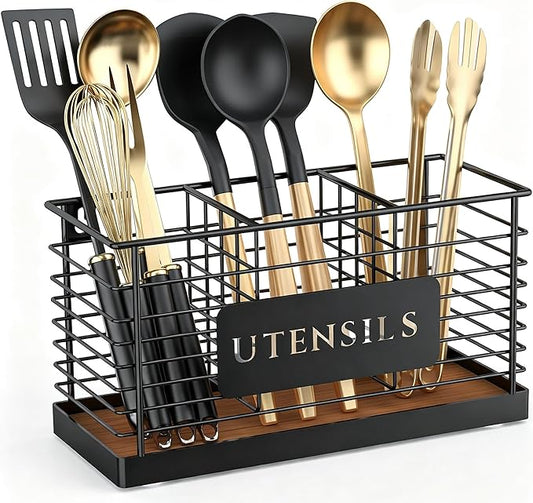 THYGIFTREE Utensil Holder for Kitchen Counter Large Black Metal Cooking Utensil Organizer 3 Compartments for Countertop Kitchen Tool Spatula Holder Wood Base by THYGIFTREE