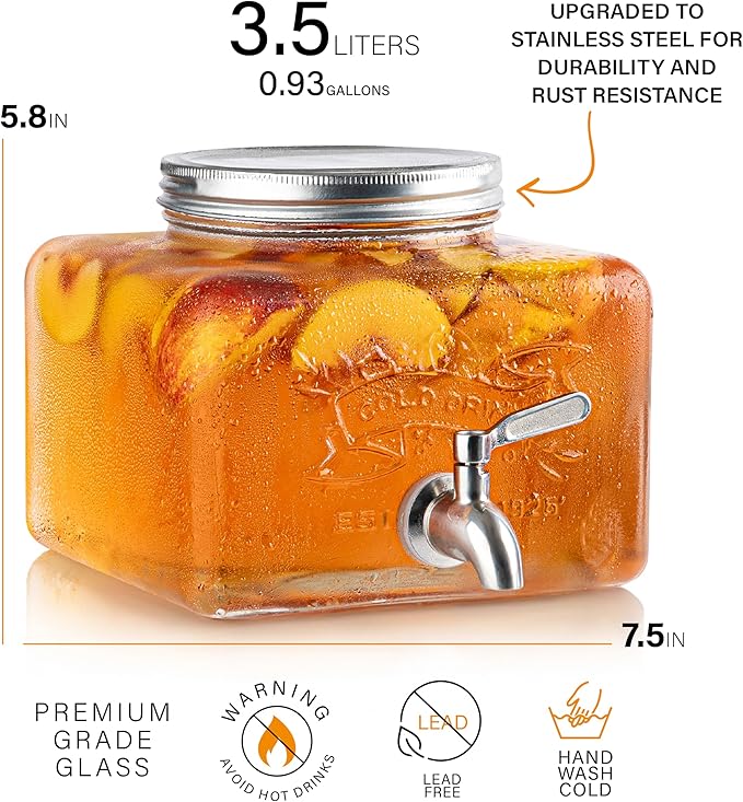 Glass Drink Dispenser for Fridge - Stainless Steel Spigot Mason Jar Dispenser with Wide Opening & Easy-Fill - Beverage Storage for Outdoor, Water, Iced Tea, Juice, Sangria & Detergent, 1 GALLON - Image 6