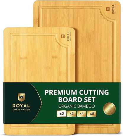 ROYAL CRAFT WOOD Wooden Cutting Boards for Kitchen Meal Prep & Serving - Bamboo Wood Serving Board Set with Deep Juice Groove Side Handles - Charcuterie & Chopping Butcher Block for Meat by RoyalCraftWood