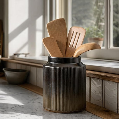 JIEMEI HOME Kitchen Utensil Holder, 6.77" Ceramic Farmhouse Stable Utensil Crock for Countertop, Vintage Style Cooking Tool Organizer with Cork Mat, Spatula Holder For Kitchen Decor, Black - Image 8