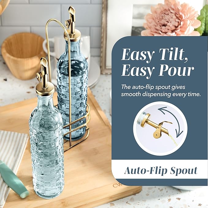 COOK WITH COLOR Glass Olive Oil Bottle Dispenser - 2 Pack- 17oz Oil and Vinegar Cruet - Olive Oil Carafe Decanter for Kitchen, Checkered, Blue - Image 3