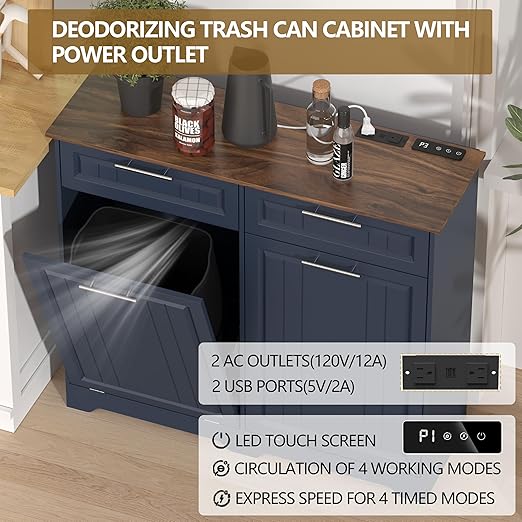 Double 10 Gallon Tilt Out Trash Can Cabinet with Deodorizing Function and Power Outlet, Wooden Hidden Garbage Can Holder with 2 Storage Drawers for Kitchen, Laundry Hamper Cabinet for Bathroom, Blue