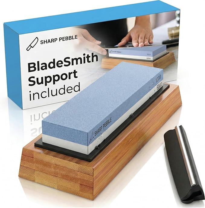 Sharp Pebble Premium Whetstone Knife Sharpening System – 1000/6000 Grit Whetstone Knife Sharpener & Honing Kit with Angle Guide & Non-Slip Bamboo Base – Guided Beginner Instructions by SharpPebble