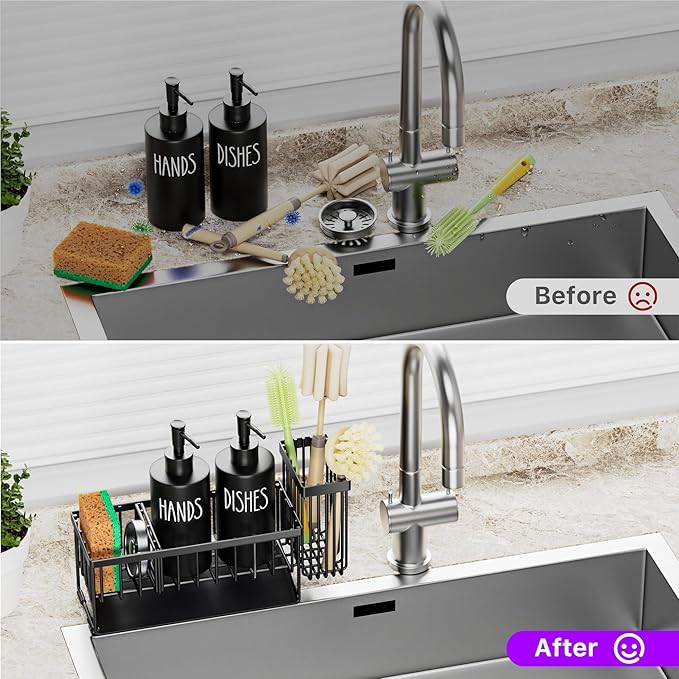 MASADI Kitchen Dish Soap Dispenser Set with Sponge Holder, 12OZ Glass Bottle, Hand and Dish Soap Dispenser Set, Non-Slip Silicone Pad, Brush Holder, Kitchen Sink Organizer Countertop (Black) - Image 5