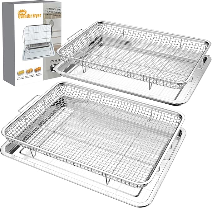 Air Fryer Basket for Oven 12.8"x9.6", 2 Pack Large Air Fryer Basket and Tray Stainless Steel Oven Air Fryer Accessories Pan Rack for Cooking Baking and Broiling
