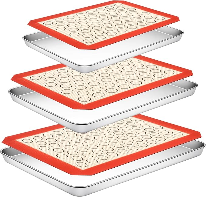 Baking Sheet with Silicone Baking Mat Set,CEKEE Stainless Steel Baking Sheet Pan Tray, Cookie Sheets for Baking, 6PCS Baking Supplies Bakeware Sets for Oven Making Cookies, Macaroons, Bread by CEKEEBakingEasilyHappily
