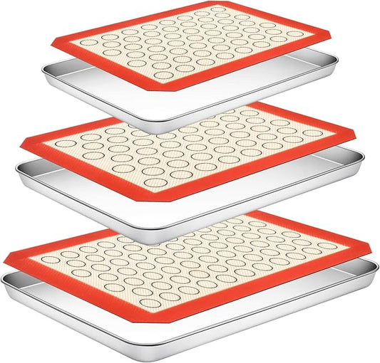 Baking Sheet with Silicone Baking Mat Set,CEKEE Stainless Steel Baking Sheet Pan Tray, Cookie Sheets for Baking, 6PCS Baking Supplies Bakeware Sets for Oven Making Cookies, Macaroons, Bread by CEKEEBakingEasilyHappily
