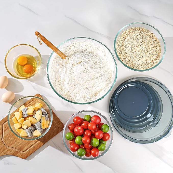 Glass Mixing Bowls with Lids Set of 5(4.78QT,2.2QT,1.7QT,1.1QT,0.85QT),Thick Glass Nesting Bowls for Kitchen Baking,Cooking Prep,Storage,Serving,Large Salad Bowls,Dishwasher Microwave Freezer Safe - Image 3