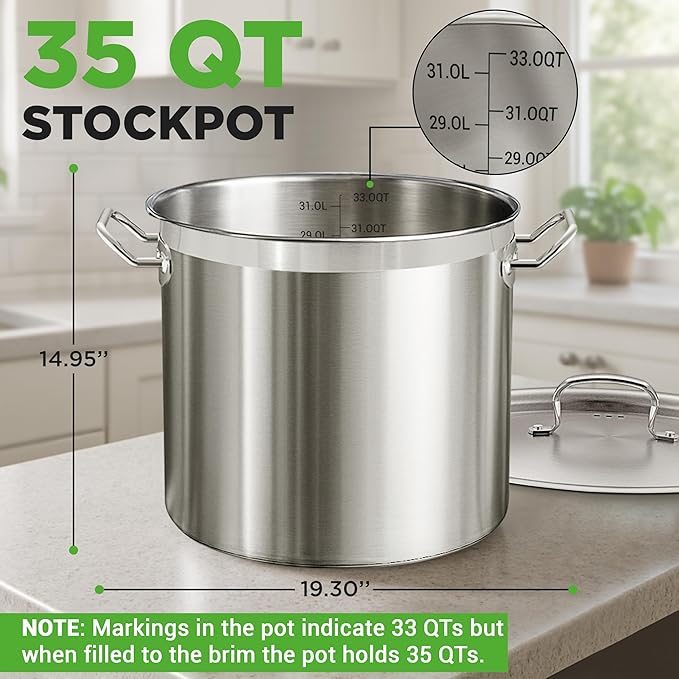 Nutrichef Stainless Steel Cookware Stockpot, 35 Quart Heavy Duty Induction Soup Pot With Stainless Steel Lid And Strong Riveted Handles, Even Heat Distribution, Compatible With Most Cooktops - Image 2