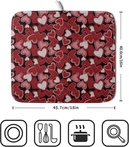 Valentines Day Dish Drying Mat for Kitchen Counter 18x16 Inch Love Drying Mat with Absorbent Reversible Microfiber Black Red Grey Heart Dish Drainer Mats Rack Pad for Coffee Countertop Protector
