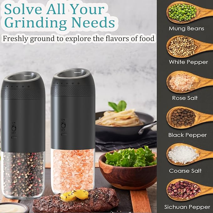 Gravity Electric Salt and Pepper Grinder Set, Automatic Salt Pepper Mill Grinder with Adjustable Coarseness, Large Capacity, LED Light & Easy Refill, USB Rechargeable Spice Grinders for Kitchen