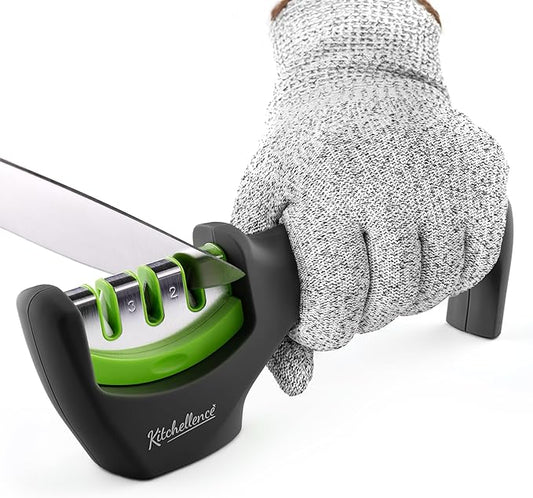 4-in-1 Kitchen Knife Accessories: 3-Stage Knife Sharpener Helps Repair, Restore and Polish Blades and Cut-Resistant Glove by KITCHELLENCE