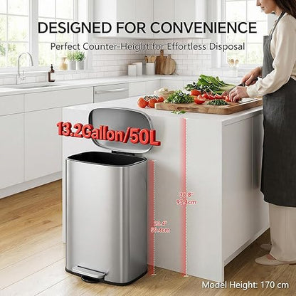 13 Gallon Trash Can (50L) and 1.6 Gallon (6L) Kitchen Trash Can Combo Set, Stainless Steel Garbage Can with Lid and Step-on Pedal, Soft Close Waste Bin with Inner Bucket for Home & Office - Image 2