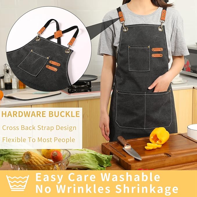 Tosewever Canvas Cross Back Chef Cotton Aprons for Men Women with Large Pockets - Image 3