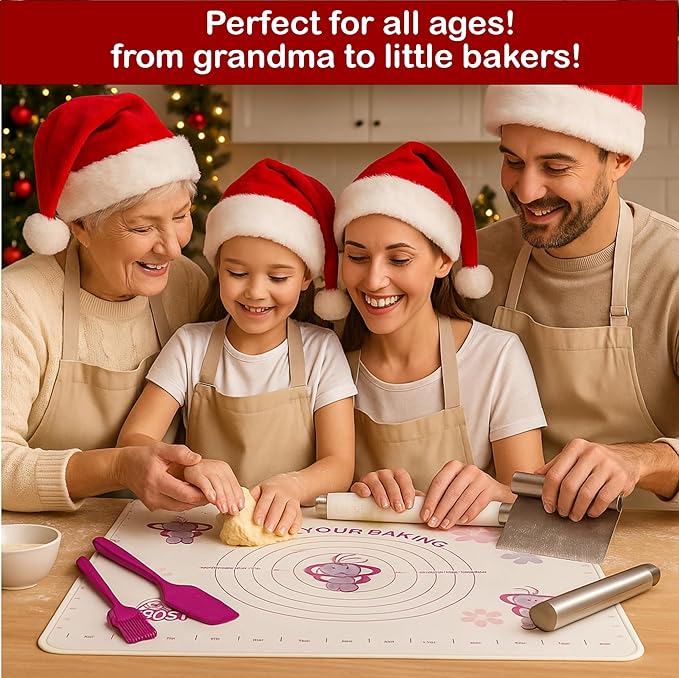 Silicone Baking Mat Gift Set – XL Non-Stick Pastry Mat with Rolling Pin, Dough Scraper, Spatula & Brush | Perfect Christmas Baking Kit for Cookies, Pies & Holiday Treats | Gift-Ready Box