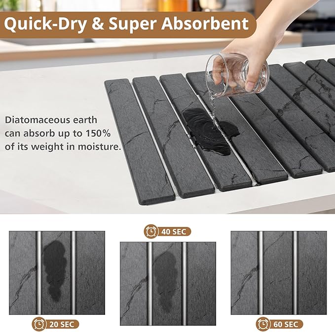 2 PCS Large Stone Dish Drying Mat for Kitchen Counter, Marbled Quick Dry Stone Dish Mats, Diatomaceous Earth Drying Pad, Foldable and Super Absorbent Dish Drying Stone Mat (Dark Gray 24"×16" & 8"×4") - Image 3