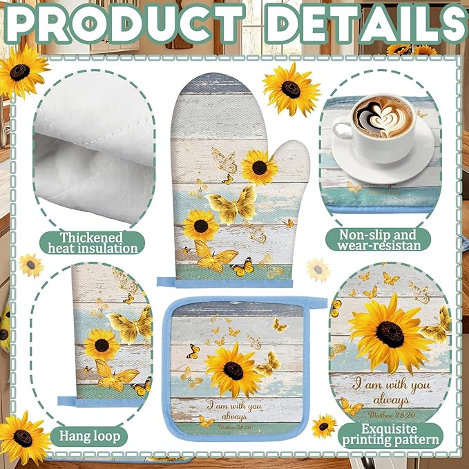 Fourluoo 10 Pcs Sunflower Kitchen Decor and Accessories Set Sunflower Kitchen Towels and Rugs Oven Mitts and Pot Holders for Cooking Baking Mom Housewarming Gifts - Image 5