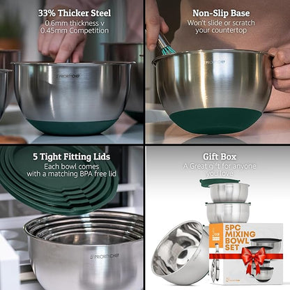 Priority Chef Premium Mixing Bowls With Airtight Lids Set, Thicker Stainless Steel Mixing Bowl Set, Large Prep Metal Bowls with Lids, Nesting Bowls for Kitchen, 1.5/2/3/4/5 Qrt, Green - Image 2