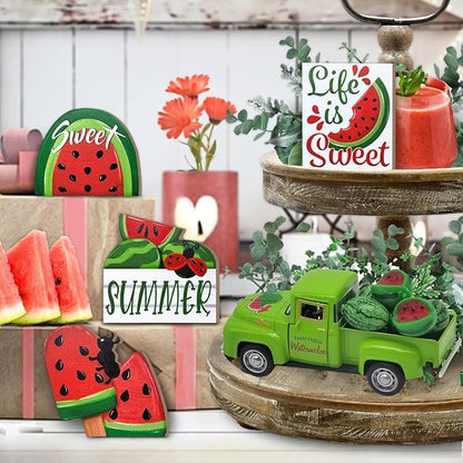 Watermelon Decor Mini Vintage Green Metal Pickup Truck with 6 Realistic Resin Mini Watermelons, Rustic Farmhouse Tiered Tray Decor for Kitchen Table, Happy Summer Party Home Decoration