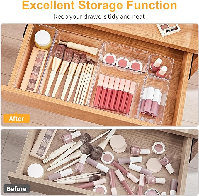 SMARTAKE 22-Piece Drawer Organizer with Non-Slip Silicone Pads, 5-Size Clear Desk Drawer Organizer Trays Storage Tray for Makeup, Jewelries, Utensils in Bedroom Dresser, Office and Kitchen, Clear - Image 4