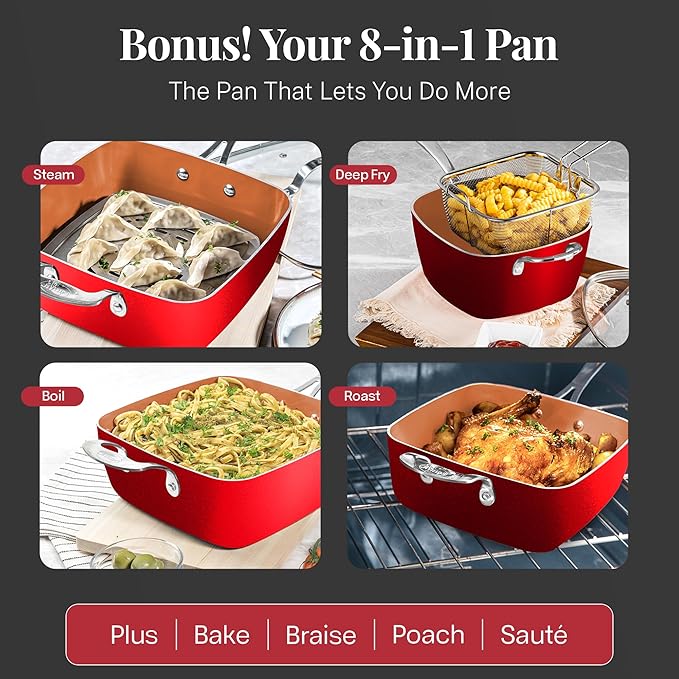 Gotham Steel 20 Pc Pots and Pans Set Nonstick Cookware + Bakeware Set, Complete Ceramic for Kitchen, Non Stick with Lids, Dishwasher / Oven Safe, Toxic - Red - Image 6