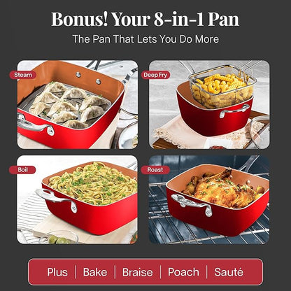 Gotham Steel 20 Pc Pots and Pans Set Nonstick Cookware + Bakeware Set, Complete Ceramic for Kitchen, Non Stick with Lids, Dishwasher / Oven Safe, Toxic - Red - Image 6