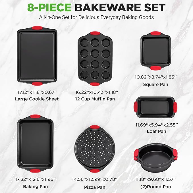 NutriChef Non-Stick Kitchen Oven Baking Pans-Deluxe & Stylish Nonstick Gray Coating Inside Outside, Commercial Grade Restaurant Quality Metal Bakeware with Red Silicone Handles NCSBS8S, 8 Piece Set - Image 4