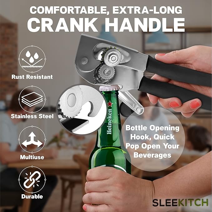 Commercial Can Opener Manual Heavy Duty, Hand Crank Can Opener, Large Handheld Can Opener Easy for Big Cans, Swing Grip Design, Manual Can Opener with Comfortable Easy Crank Handle,Black