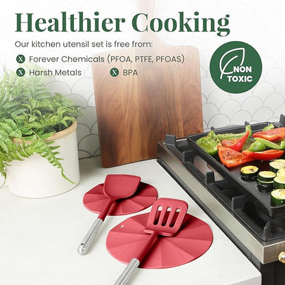 Larder & Vine 12-Piece Silicone Kitchen Cooking Utensils Set with Stainless Steel Handle and Ceramic Holder, Dishwasher Safe Set of Kitchen Essentials (Cabernet) - Image 5