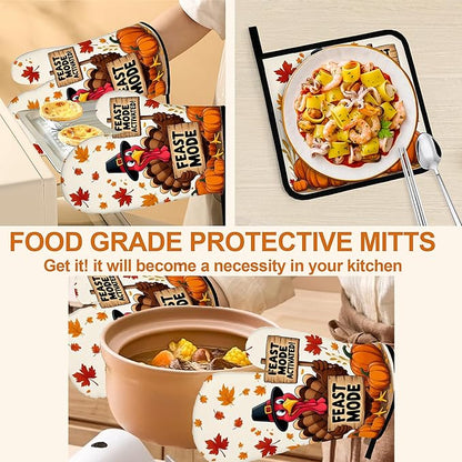 Turkey Oven Mitts with Matching Potholders - Heat Resistant Kitchen Accessories for Baking, Grilling, Cooking, Gifts for Women