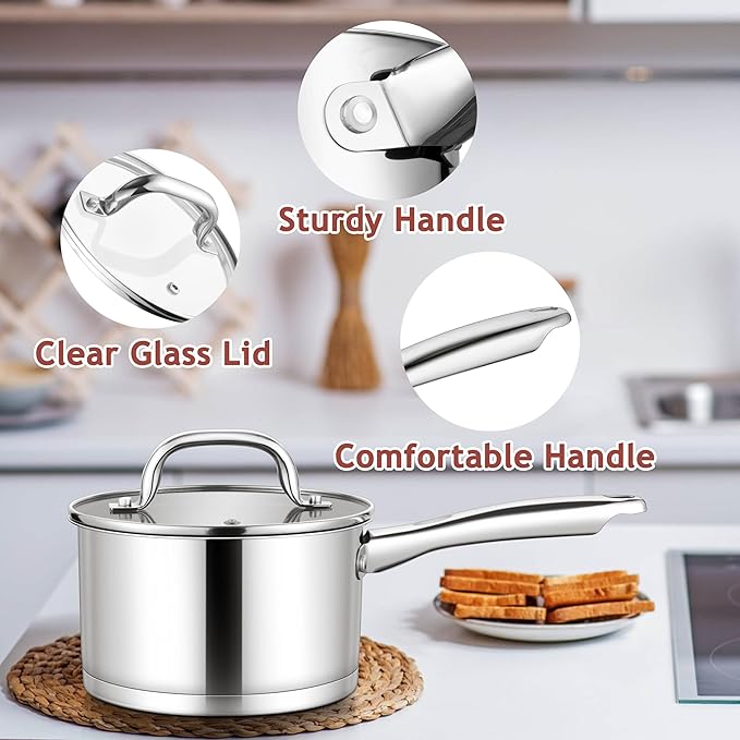 E-far 1 Quart Saucepan with Lid, Stainless Steel Small Sauce Pan Boiling Pot for Cooking, Compatible with All Stoves, Healthy & Non Toxic, Oven & Dishwasher Safe - Image 5