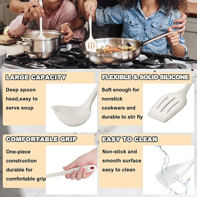 E-far 10 Pieces Silicone Cooking Utensils Set, Heat Resistant Kitchen Utensil Set for Nonstick Cookware, Kitchen Cooking Tools with Spatula, Spoon, Slotted Turner, Non-Toxic & Dishwasher Safe (White) - Image 4
