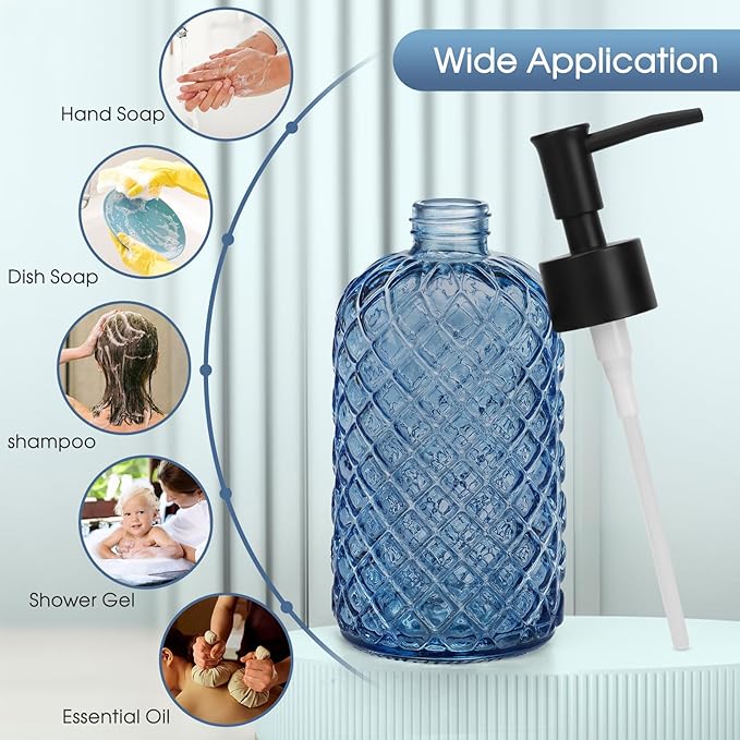 Topsky Gem Glass Soap Dispenser with Black Plastic Pump, 13oz Liquid Hand Soap Dispenser, Rustproof Pump for Kitchen & Bathroom, Great for Lotions, Essential Oil, Liquid Soaps-Blue - Image 7