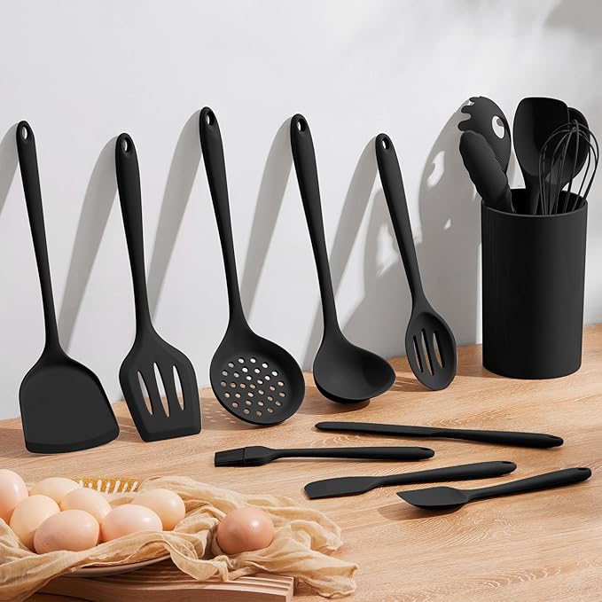 Silicone Cooking Utensil Set, Homikit 15pcs Kitchen Utensils with Holder for Nonstick Cookware, Heat Resistant Nontoxic Silicone Spatula Set Dishwasher Safe Kitchen Tools for Baking-Black - Image 8