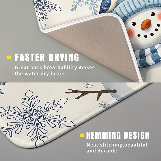 Winter Snowman Dish Drying Mat for Kitchen Counter 16x18 Blue Snowflake Bird Christmas Holiday Absorbent Reversible Microfiber Drying Mats Kitchen Countertop Protector Dishes Drainer Rack Pad - Image 3