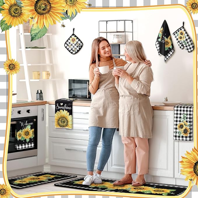 Fourluoo 10 Pcs Sunflower Kitchen Decor 4 White and Black Buffalo Plaid Kitchen Towels 2 Buffalo Check Pot Holders 2 Rustic Sunflower Oven Mitts 2 Yellow Rugs for Cooking Baking Mom Housewarming Gift - Image 2