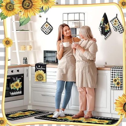 Fourluoo 10 Pcs Sunflower Kitchen Decor 4 White and Black Buffalo Plaid Kitchen Towels 2 Buffalo Check Pot Holders 2 Rustic Sunflower Oven Mitts 2 Yellow Rugs for Cooking Baking Mom Housewarming Gift - Image 2