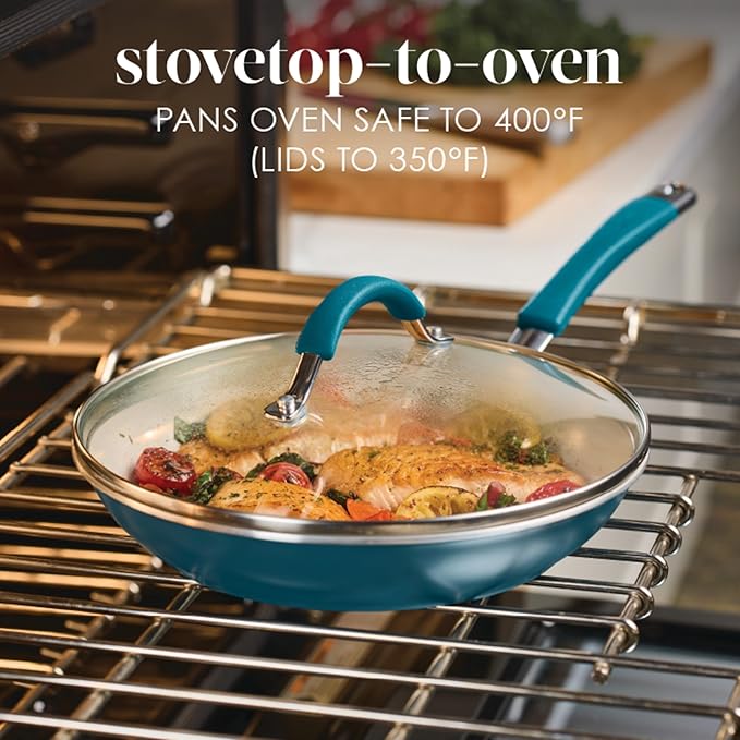 Rachael Ray Cucina Ceramic Cookware Set - 13 Pieces - Ceramic Pots and Pans Set w/Nonstick Frying Pans, Saute Pan, Saucepans, Stockpot, Lids, Pan Protectors & Cooking Utensils - Marine Blue - Image 4