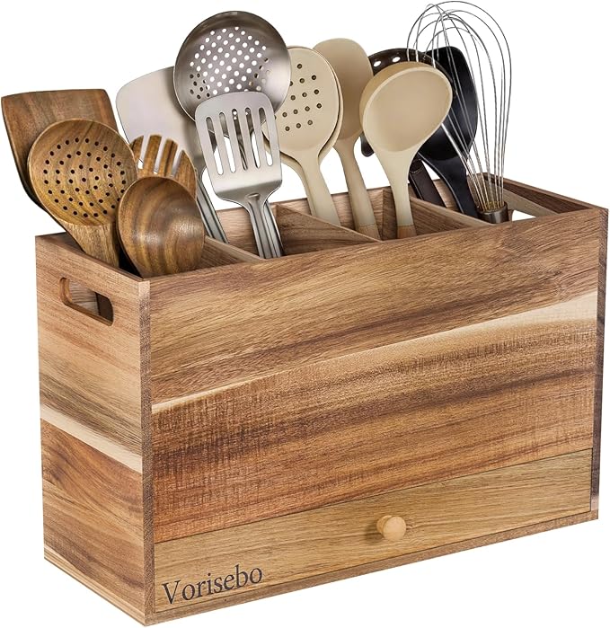 Acacia Wood Kitchen Utensil Holder for Countertop, Large Wooden Utensils Holder with 4 Compartment, Farmhouse Utensil Caddy with Drawer for Storage Cooking and Silverware