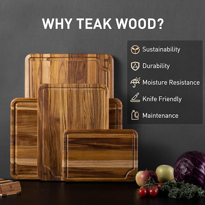 4 Pack Teak Wood Cutting Board Set for Kitchen Heavy Duty Non Toxic Non Slip Solid Thick Wood Haus Chopping Board Extra Large Big Small Meat Best Essential House Warming Hostess Host Gift - Image 2