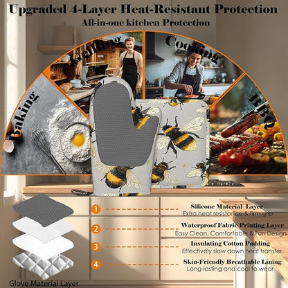Happy Busy Bees Oven Mitts and Pot Holders Sets Non-Slip Silicone Surface for BBQ Gloves,Kitchen,Cooking,Baking,Grilling