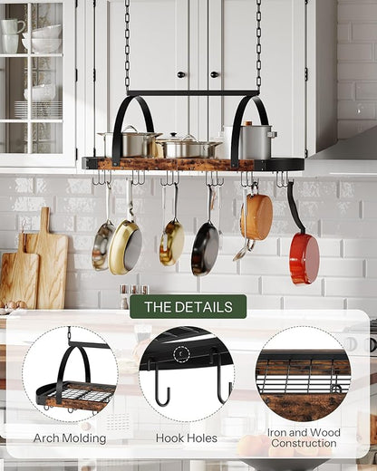 CHOEZON Hanging Pot Rack, Pot Hanger for Kitchen, Ceiling Mounted Pot Holder, Cookware Organizer with 18 S-Shaped Hooks, for Pot, Pan Storage, Space-Saving, Rustic Brown and Black TPR18BF - Image 7