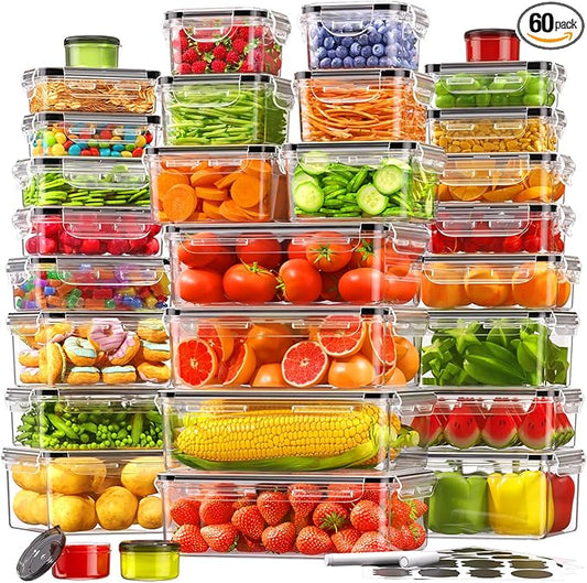60 PCS Food Storage Containers with Lids Airtight (30 Containers & 30 Lids), 100% Leak Proof Meal Prep Container for Kitchen, BPA-Free Plastic(Polypropylene5), Microwave/Dishwasher Safe, Labels & Pen by KEMETHYFocusesonCreatingEfficientStorageProductswithQualityMaterials
