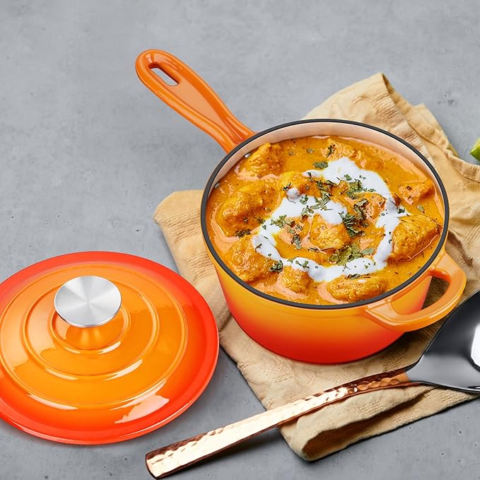 Enameled Cast Iron Sauce Pan with Lid, Leonyo 1 Quart Saucepan with Lid, Small Cast Iron Dutch Oven Kitchen Cookware Pot for All Cooktops Making Pasta, Soup, Milk - Up to 500°F & 4.4Lbs, Orange