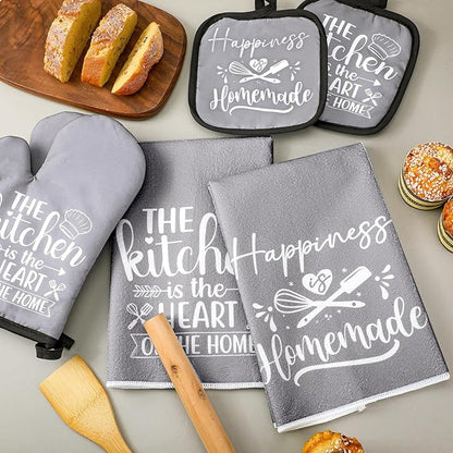 Sratte 6 Pcs Kitchen Decor Accessories Set Farmhouse Towels Pot Holders Oven Mitts Set 2 Dish Towels 2 Potholders 2 Cooking Mittens Oven Glove for Christmas Baking Cooking Supply(Gray,Kitchen) - Image 2