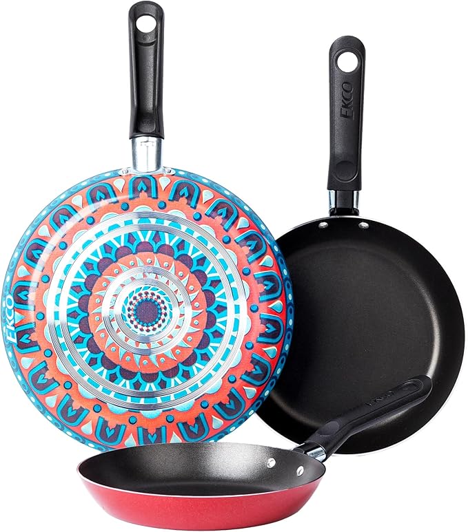 Ekco 3-Piece Frying Pan Set (7.1, 7.9 & 9.4 IN) For all Stovetops, Dishwasher Safe - Lightweight Aluminum Skillets, Non-Stick & Riveted Bakelite Handle (Hippie Chick Red & Blue) PFOA & PTFE Free