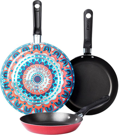 Ekco 3-Piece Frying Pan Set (7.1, 7.9 & 9.4 IN) For all Stovetops, Dishwasher Safe - Lightweight Aluminum Skillets, Non-Stick & Riveted Bakelite Handle (Hippie Chick Red & Blue) PFOA & PTFE Free