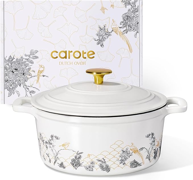 CAROTE 5QT Cast Iron Dutch Oven Pot with Lid, Enameled Floral Dutch Ovens with Gift Box, Cast Iron Pot for Sourdough Bread Baking, Braising, Stews, Roasting, Dual Handles, Healthy & Non-Toxic, All Stovetop Compatible, Oven Safe up to 500° F, White by CAROTE