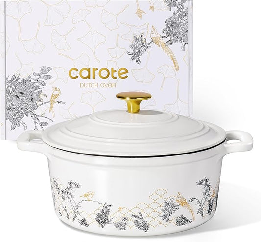 CAROTE 5QT Cast Iron Dutch Oven Pot with Lid, Enameled Floral Dutch Ovens with Gift Box, Cast Iron Pot for Sourdough Bread Baking, Braising, Stews, Roasting, Dual Handles, Healthy & Non-Toxic, All Stovetop Compatible, Oven Safe up to 500° F, White by CAROTE