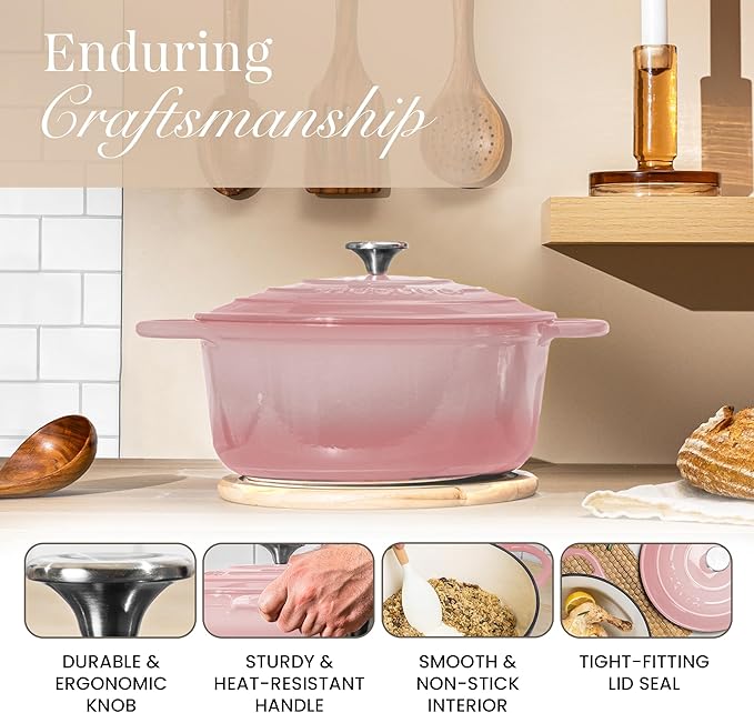 Nuovva Enamelled Cast Iron Dutch Oven Pot with Lid 6.4 Quart Non Stick Casserole Pot – Heavy Duty & Oven Safe up to 500° F for Bread Baking, Braising, Stews, Roasting – 28cm Pink - Image 6